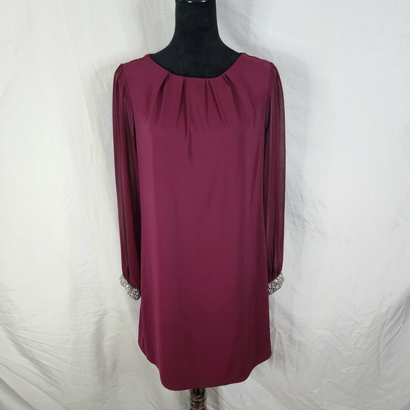 BILLIE & BLOSSOM Size 6 Burgundy Pleated Neckline Rhinestone Chiffon Shift Dress - Picture 1 of 11